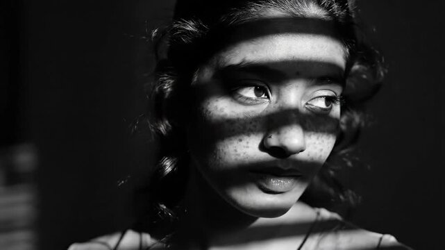 Portrait of a young woman with freckles, black and white, shadows, and curls