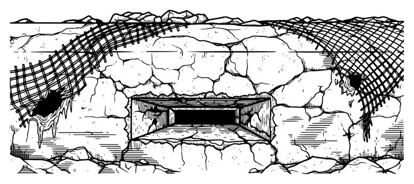 Old concrete bunker embrasure with camouflage net in hand drawn ink style