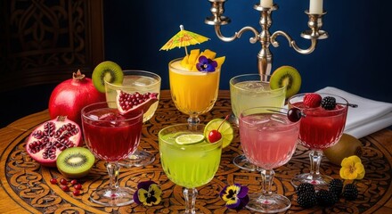 Colorful cocktails arrangement on decorative tray