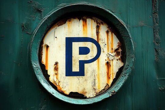 weathered circular metal parking sign with blue letter, peeling paint and rust on a green surface, evoking abandonment and decay