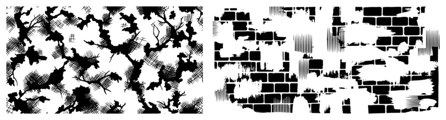Vintage woodcut style vector illustration of abstract camouflage and distressed brick wall textures © Anna