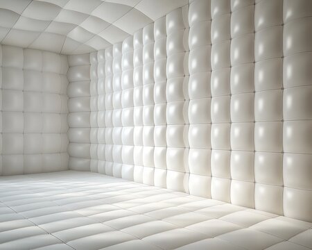 empty white quilted padded room with tufted cushioned walls, floor and ceiling, soft lighting conveying an eerie calm and sense of isolation