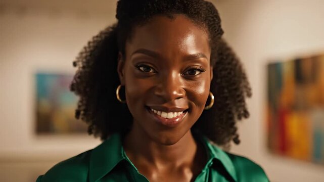 Portrait of woman with dark hair in a green shirt smiling warmly indoors at art