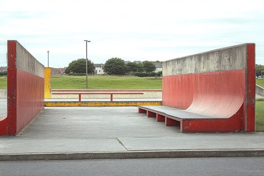 Empty red-painted skate park with quarter pipe, ledges and concrete flat by a grassy field under an overcast sky, quiet and solitary urban recreation spot