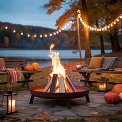 Cozy lakeside evening with warm fire pit and autumn decor