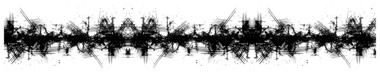 Obraz premium Symmetrical abstract horizontal border with messy ink splatters and scratches in black and white woodcut style