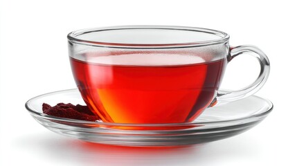 Aesthetic Glass Cup Filled with Bright Red Herbal Tea on Saucer with Garnish Beside It for Modern Table Setting