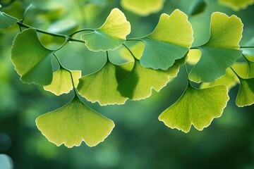 Obraz premium Sunlit fan-shaped ginkgo leaves on a delicate branch, serene fresh green foliage