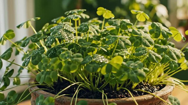 Potted clover with water droplets shines indoors by window light, set on a wooden table