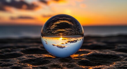 Crystal ball on beach at sunset with inverted sky reflection