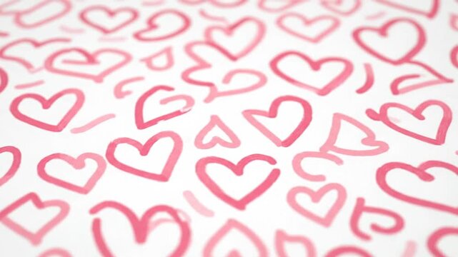 A close-up view of a white surface filled with randomly drawn pink hearts of varying sizes and tones