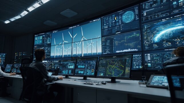 Manager monitoring wind turbine integration with hydrogen systems, panoramic display shows turbine farm and system metrics, lone operator evaluates forecasts, grid stability and storage status.