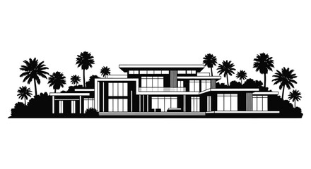 A striking black and white silhouette of a modern mansion surrounded by palm trees on transparent background high quality professional detailed © GDMala02