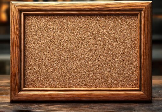 Empty cork bulletin board with wooden frame on rustic wooden table bathed in warm cozy light