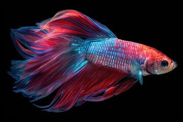 Fototapeta premium Siamese fighting fish with flowing fins on a black studio background, side profile
