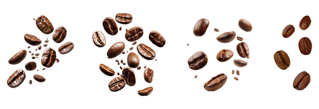 delicious roasted coffee beans in motion, captured falling and scattered, perfect for fresh beverage advertising or culinary themes.
