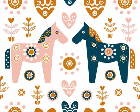 Scandinavian folk art pattern featuring dalah st horses and floral motifs