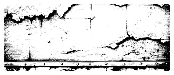 Distressed cracked wall texture with metal riveted border in detailed engraving style