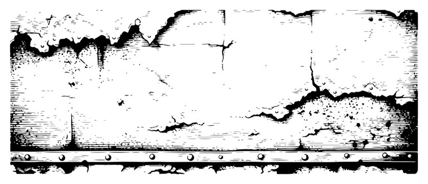 Distressed cracked wall texture with metal riveted border in detailed engraving style