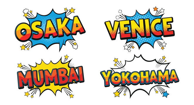 Comic style text bubbles displaying city names osaka venice mumbai yokohama on transparent background silhouette high quality professional detailed modern elegant