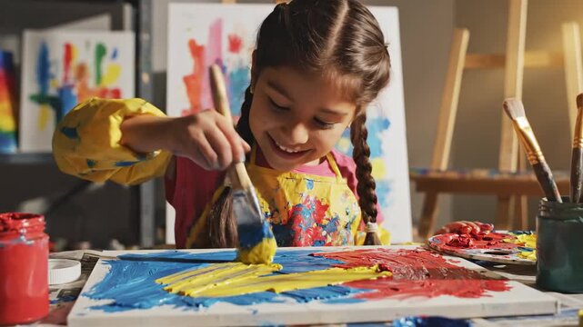 Little girl with braids painting on a canvas with blue, red, and yellow acrylics in a sunny art studio