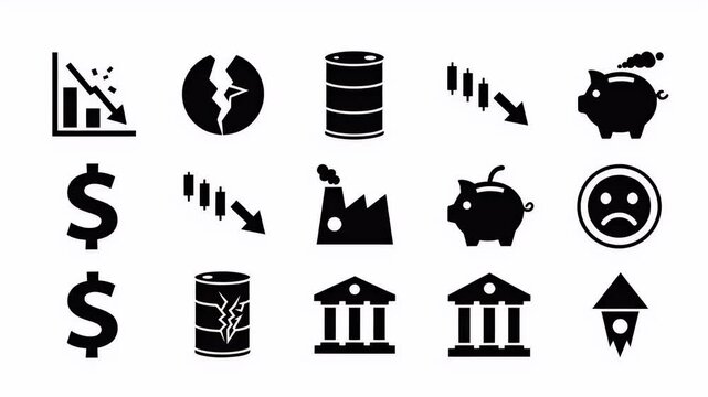 Finance Icons Decreasing Graph Piggy Bank Dollar Factory Stock Market