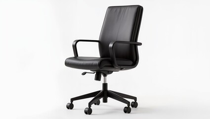 Modern black executive office chair with high backrest, padded leather upholstery, chrome armrests and five-star swivel base with wheels, isolated on white background