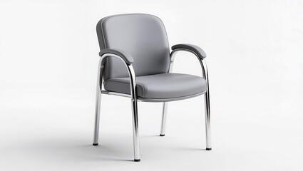Fototapeta premium Modern gray upholstered chair with chrome metal frame and armrests, minimalist contemporary seating isolated on white background