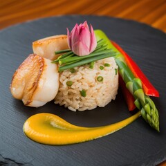 Delicious seared scallops with rice and vegetables on black plate