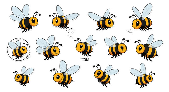 Charming collection of cute cartoon bee characters in various playful poses, perfect for children's designs, nature themes, and sweet, imaginative projects