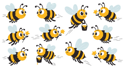 Obraz premium Collection of cute cartoon bees performing various actions, like flying and collecting nectar, with a clean white background
