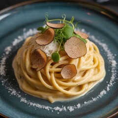 Delicious truffle pasta dish on a blue plate