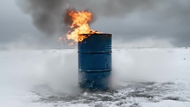 realistic flames. A blue drum barrel emits bright flames amidst a snowy landscape, with swirling smoke and gray skies adding to the dramatic scene of fire against winter's chill