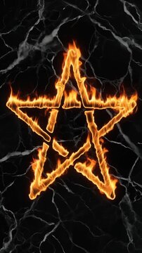A burning pentagram symbol on a cracked black background with fiery orange flames