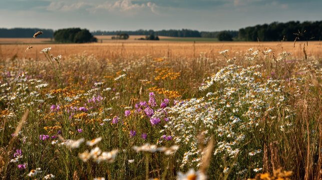 Golden hour wildflower field at sunset, silhouettes of stems and umbels and warm amber tones, distant harvesting implied beyond meadow edge, nostalgic rural mood and seasonal transition from bloom