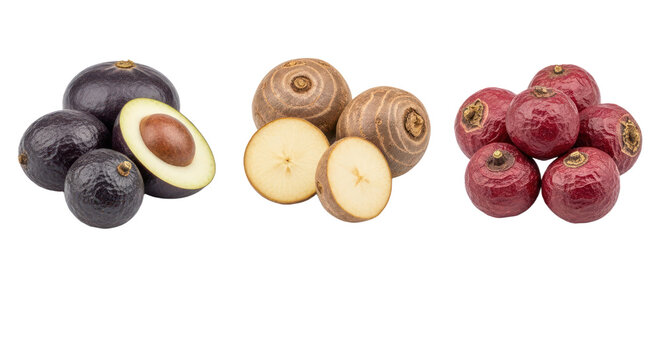 Close-up of Jabuticaba, Oca, and Pitaya fruits on white background, fresh exotic tropical fruits perfect for healthy eating and cooking