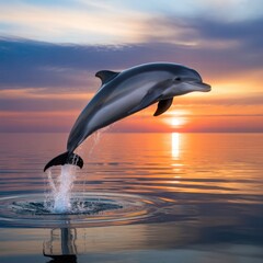 Dolphin leaping out of ocean water at sunset