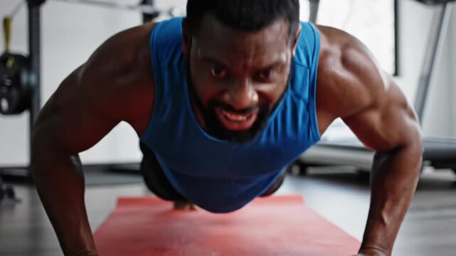 Muscular man in blue tank top struggles with push-ups on a red mat in a bright fitness space