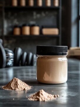 Jar of nutritional powder supplement on gym table with dumbbells