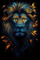 Obraz premium majestic blue and gold lion portrait with flowing mane, glowing amber eyes, golden leaves and sparkling particles, intense regal mystical expression