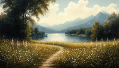 Serene meadow path leading to a calm lake with wildflowers, trees and misty mountains under a soft cloudy sky