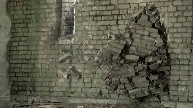 Slow motion footage of an industrial brick wall hit from behind by a wrecking ball, with bricks and dust bursting forward as a hole opens and light shines through, suggesting force and demolition.