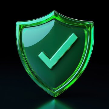 glossy green 3d shield with check mark on dark background conveying trust and security