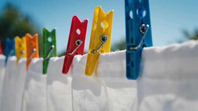 Laundry drying on a line secured by a row of vibrant, colorful clothes pins on a sunny day
