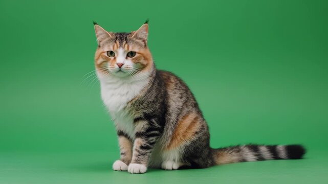 A beautiful domestic shorthair cat with striking tabby markings sits attentively on a plain green background, showcasing its unique coat pattern and alert ears, in a studio portrait