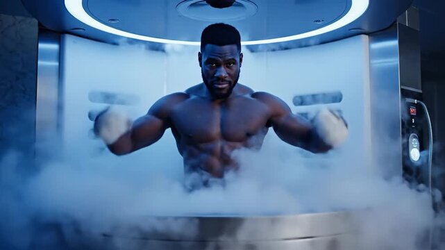 Muscular man in cryotherapy chamber, enveloped by billowing, icy fog in a modern, futuristic setting with overhead light