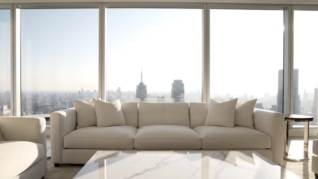 Modern living room with stunning city view from high-rise building in video tour