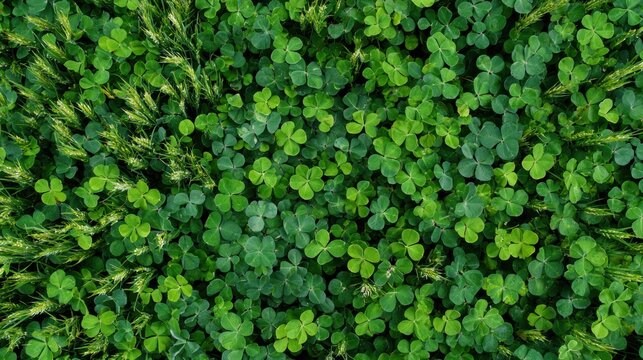 Topdown dense clover texture ideal for background and branding asset, eco label and packaging mockup use, seamless green pattern with uniform leaves and calm mood, versatile flatlay for marketing