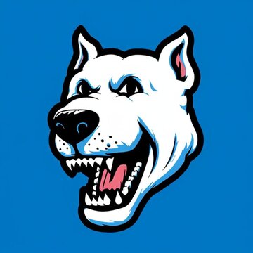 a simple, white, cartoonish mascot logo of an aggressive dogoargentino with sharp teeth, simple shapes, and bold lines on a white background. the design is colorful, and the character has a playful