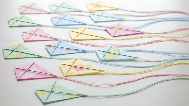 Pastel kites with cloud patterns laid flat on a serene surface, viewed from directly above, showcasing vibrant colors and gentle curves